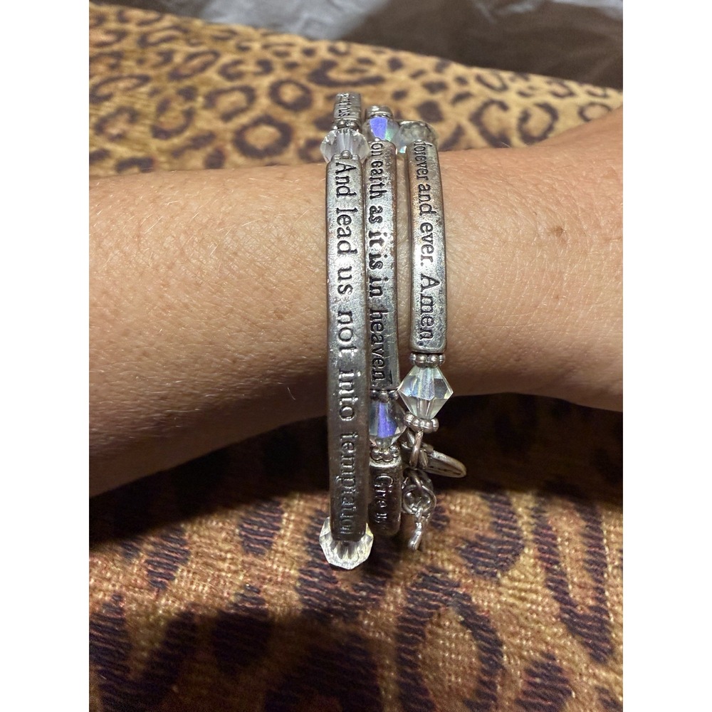Lord's Prayer Stretch Bracelet Crystal Cross Charm Christian Faith Religious VTG